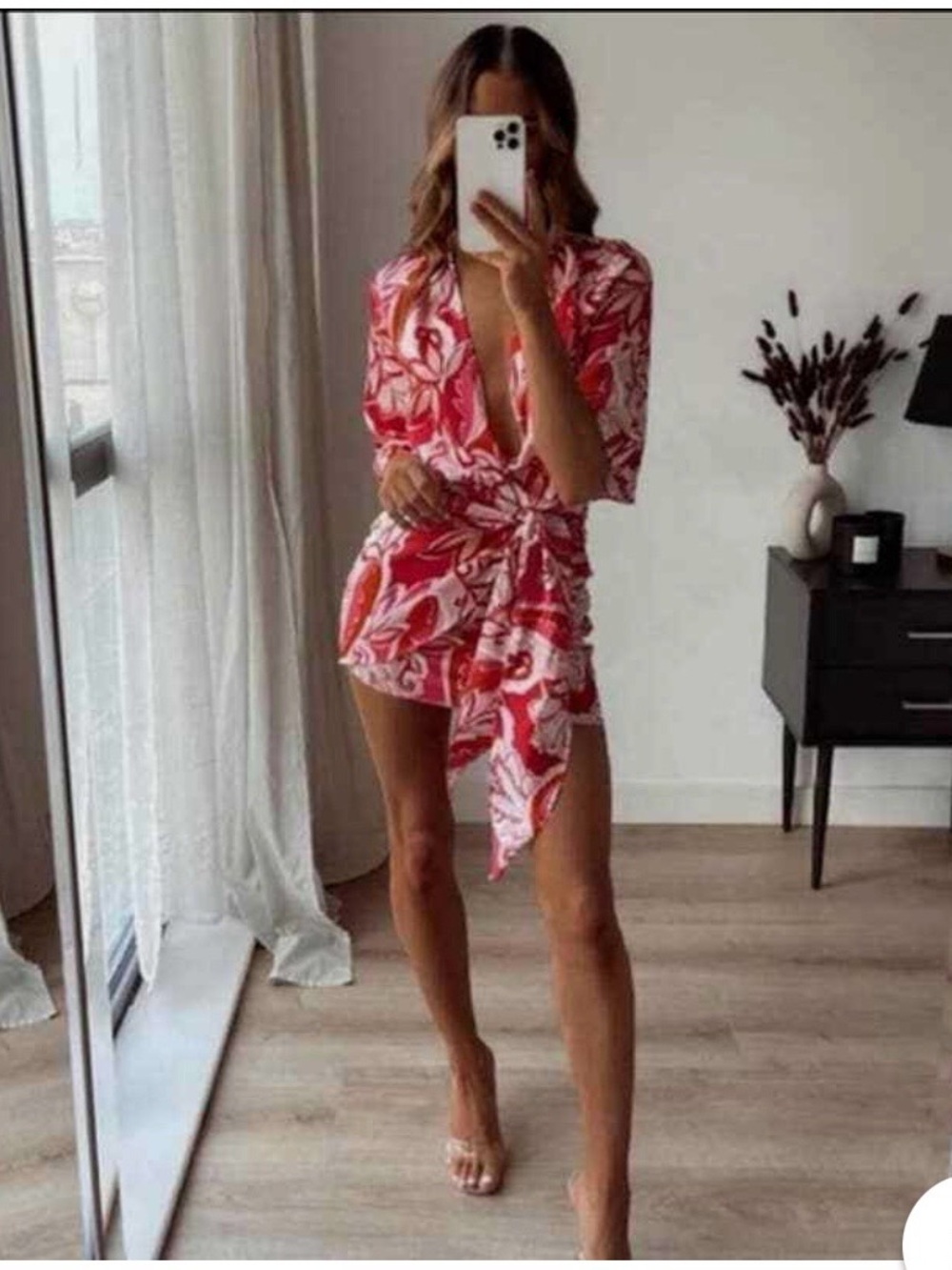 NWT ZARA Carla Dress—Pink and White Floral Tie-Waist Mini 3198-048
